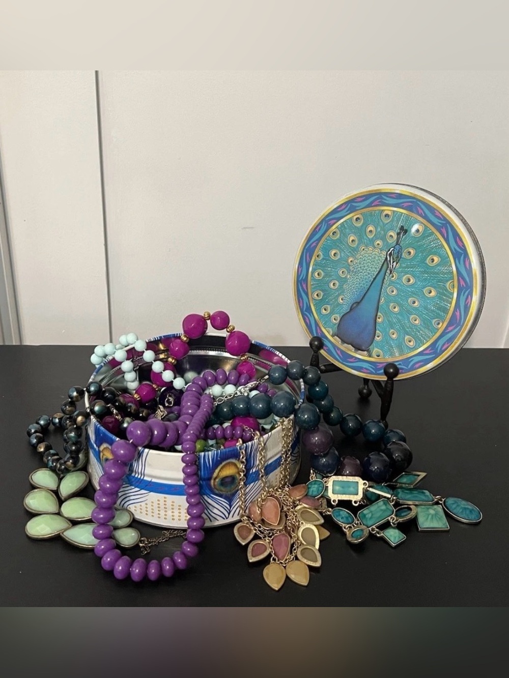 Vtg Jewelry Lot statement Necklaces Peacock Tin Vanity Decor Boho Chic colorful